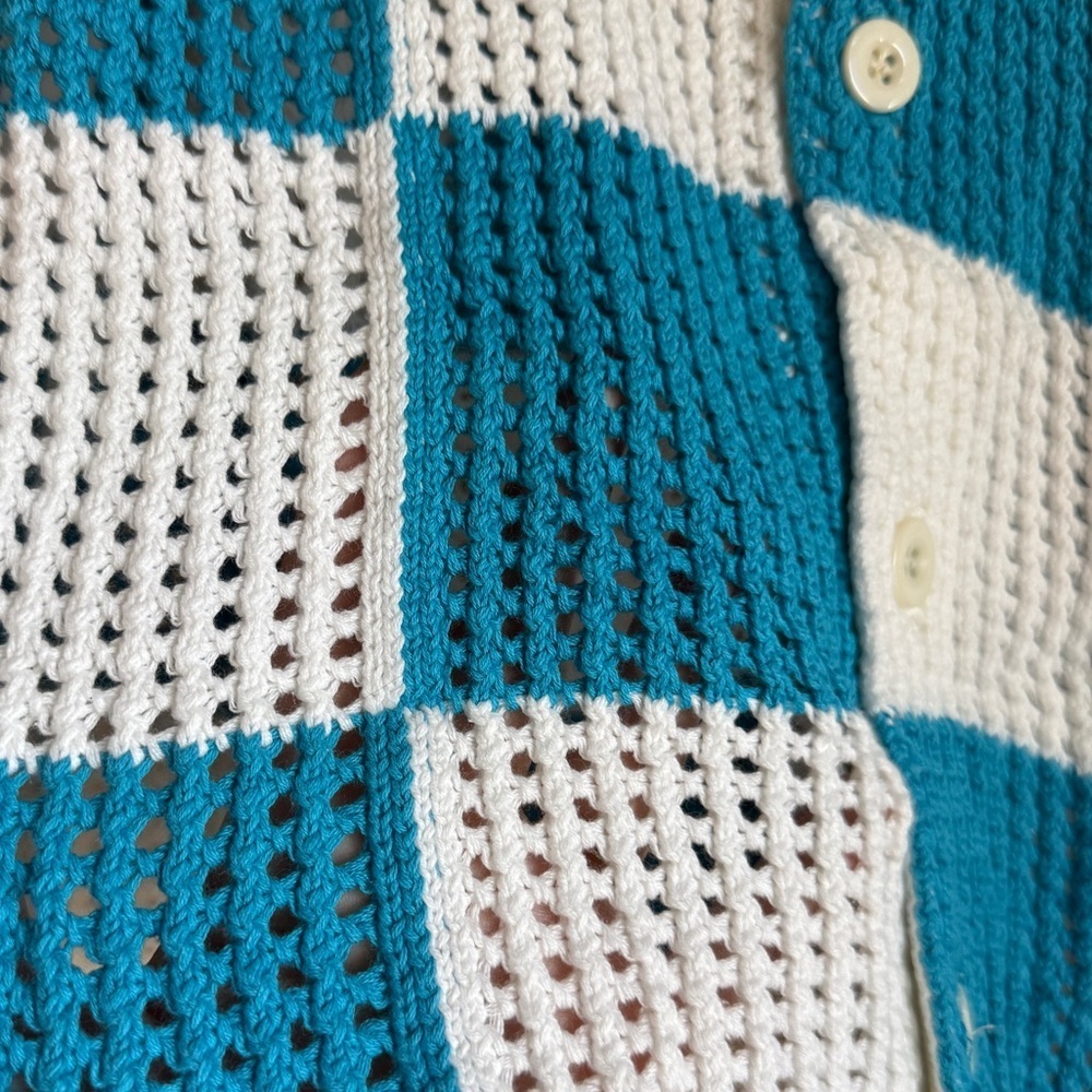 Milkwear Crochet Unisex Checkered Knot Polo Button Down Shirt Blue White XLarge - Picture 5 of 8
